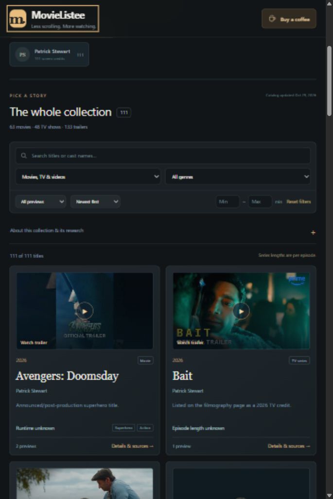 MovieListee public catalog with actor browsing, filters, and screen-title cards