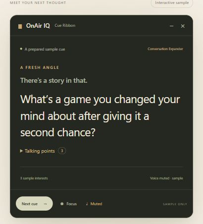 OnAir IQ website Cue Ribbon sample with a prepared conversation question